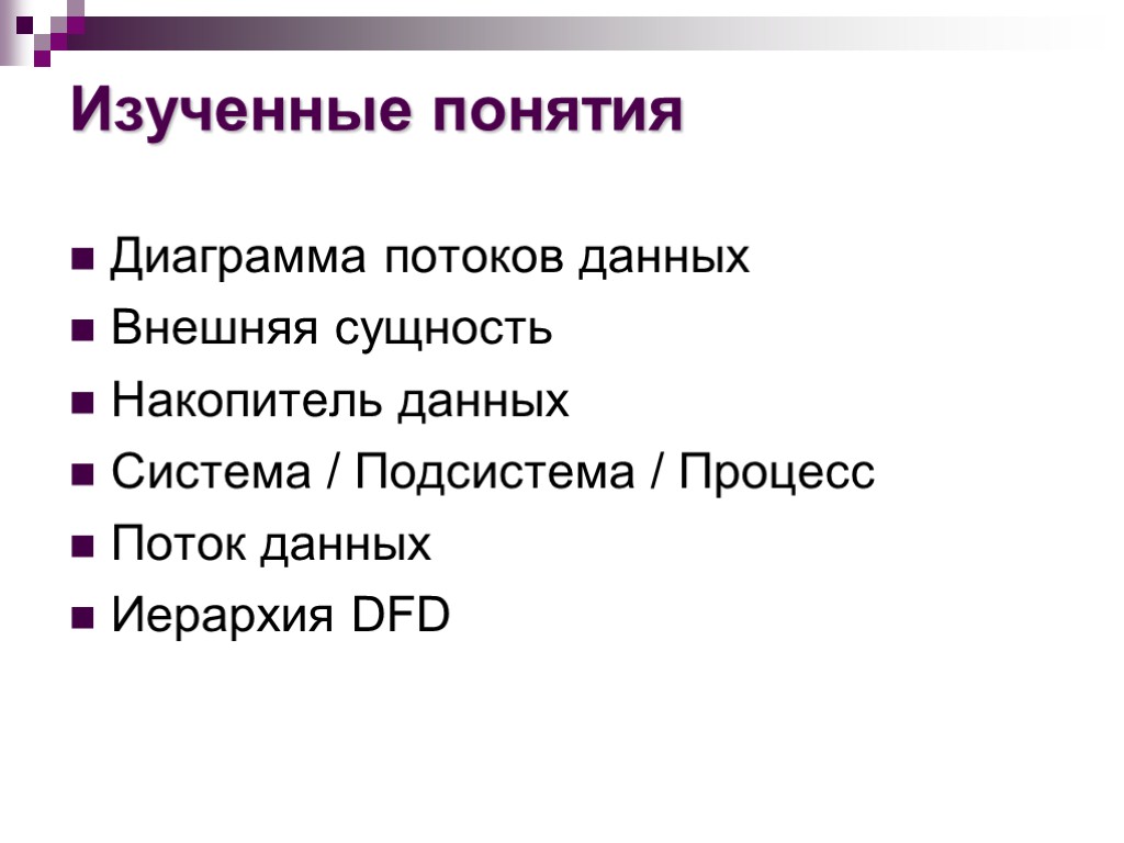 Изученные понятия Диаграмма потоков данных Внешняя сущность Накопитель данных Система / Подсистема / Процесс